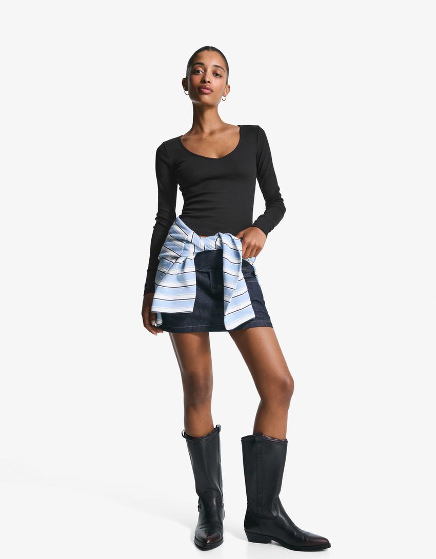 Tricou mânecă lungă guler în V-Negru-2