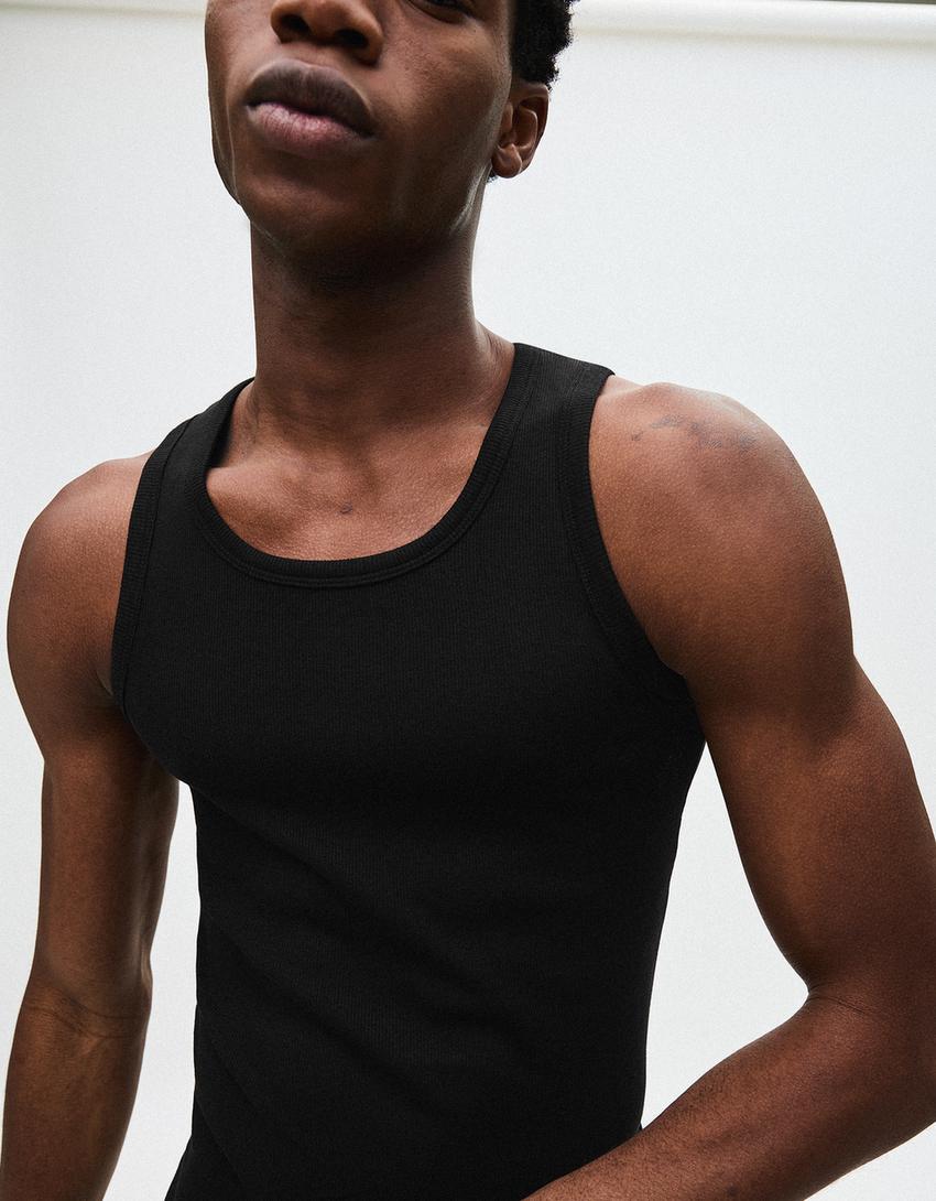 T-shirt de alças canelada-Preto