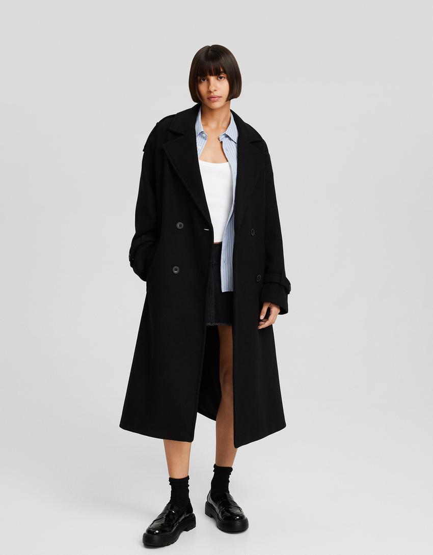 Wool blend trench coat-Black