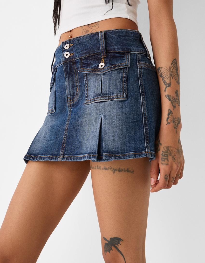 تنورة قصيرة كارغو بكسرات-أزرق مغسول من الخارج-5