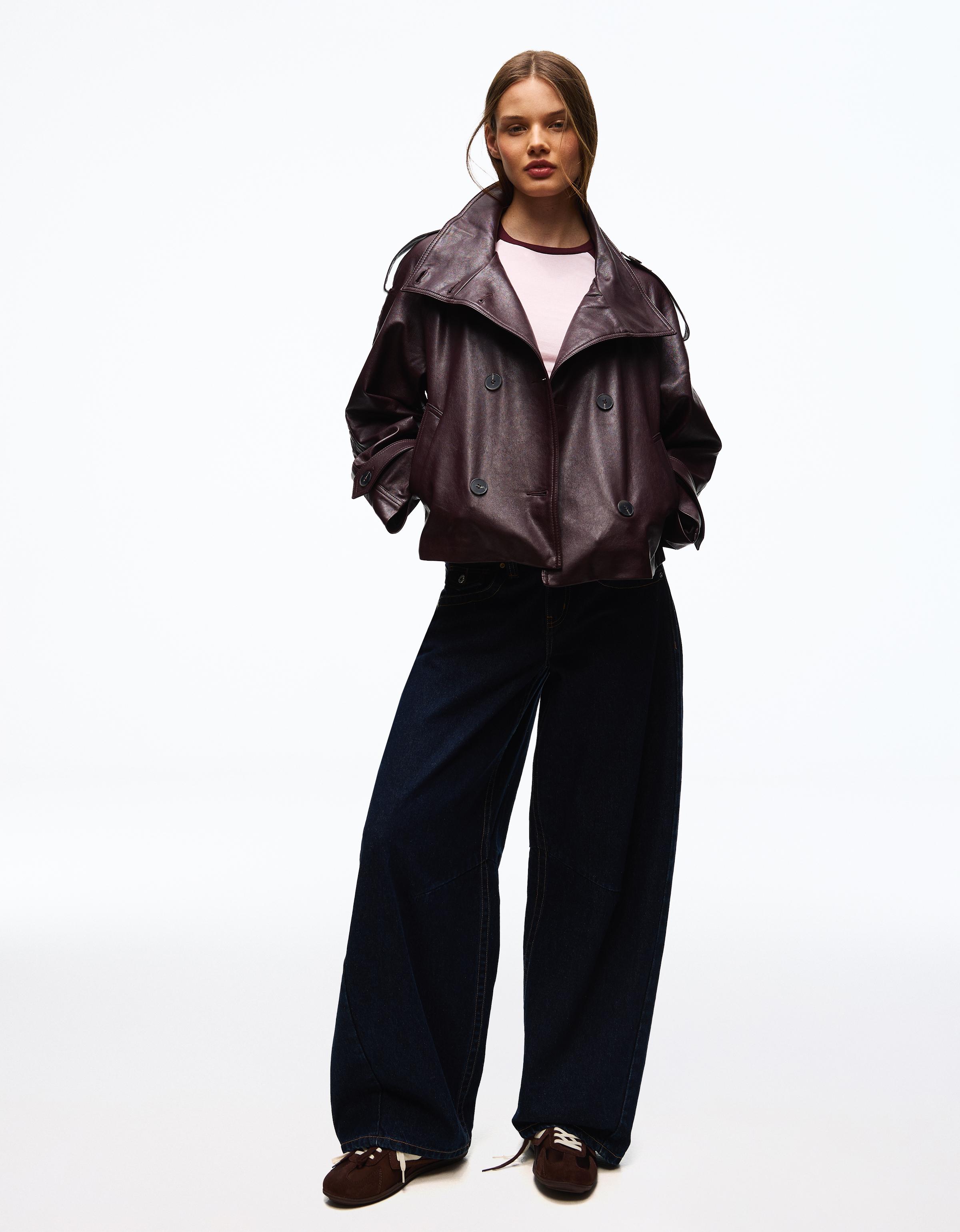 Short leather effect trench jacket — Burgundy