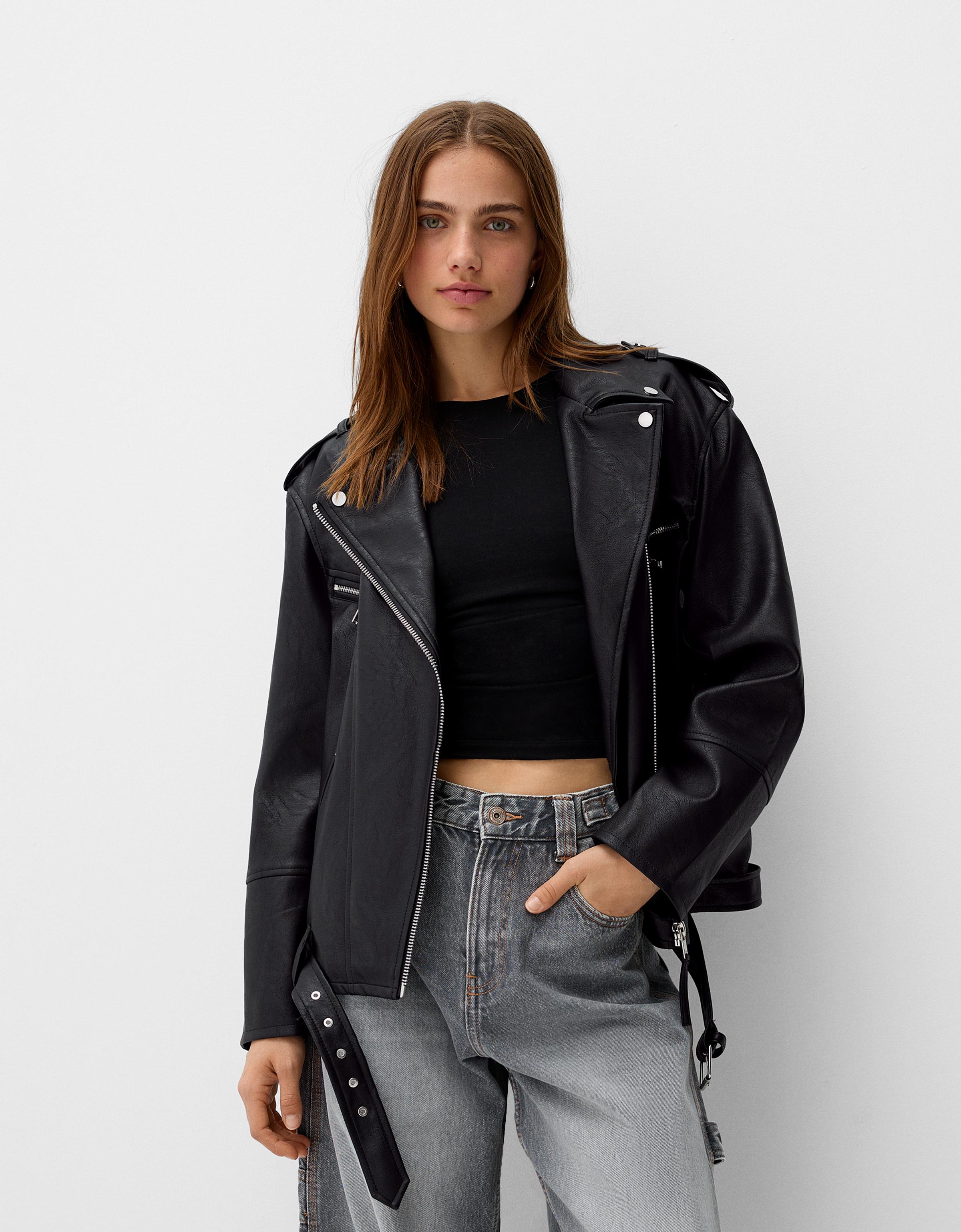 Oversize faux leather biker jacket Women Bershka