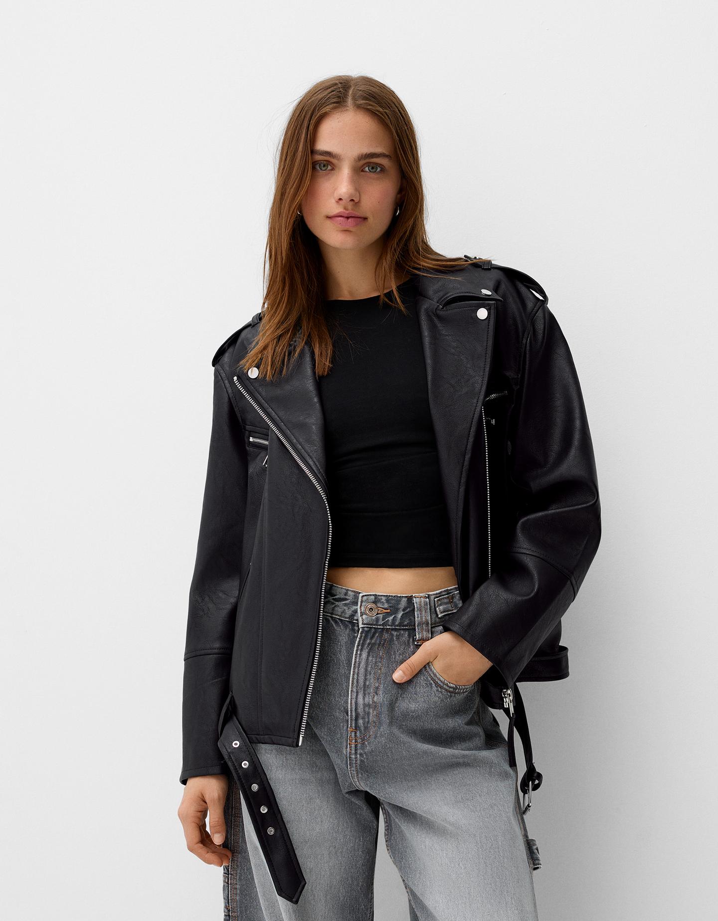 Bershka Cazadora Biker Efecto Piel Oversize Mujer S Negro