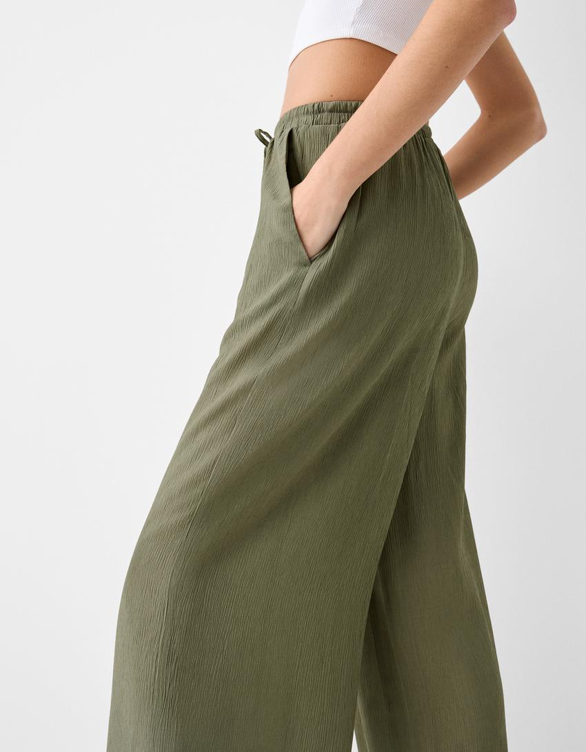 سروال واسع وقصير كريب-كاكي-5