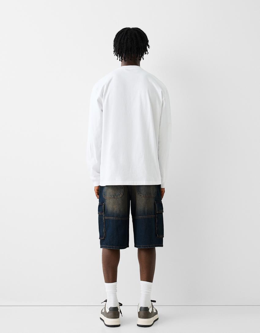 Calções bermuda denim baggy cargo-Azul lavado-2