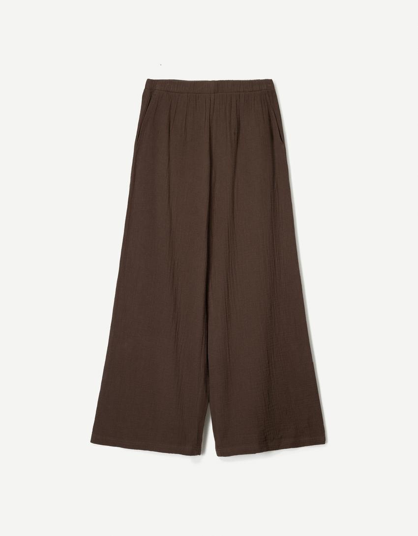 Pantalon wide leg rustique double cloth-Marron