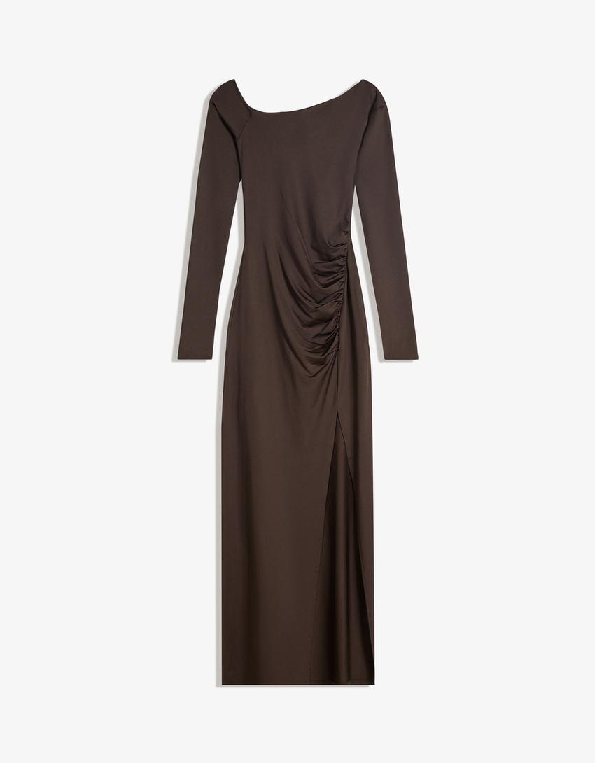 Asymmetric long sleeve midi dress-Brown