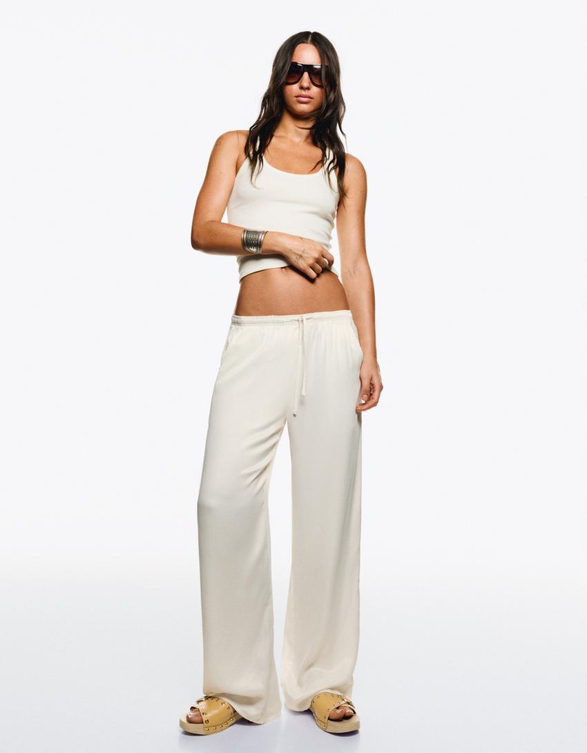 Pantalon jogging wide leg satin-Blanc-0