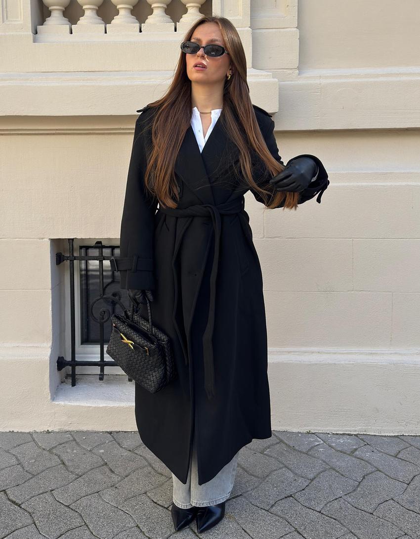 Yünlü oversize kemerli kaban-Siyah