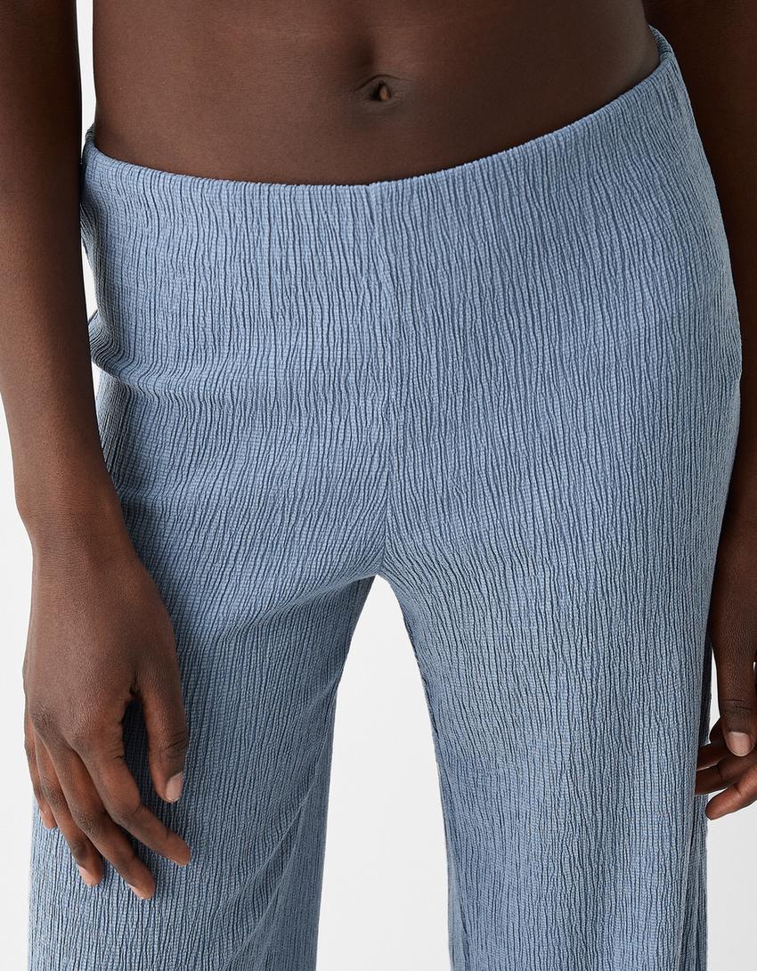 Pantalon wide leg gaufré-Bleu-5