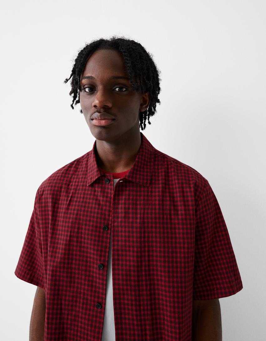 Check shirt with 3/4 length sleeves-Red-2