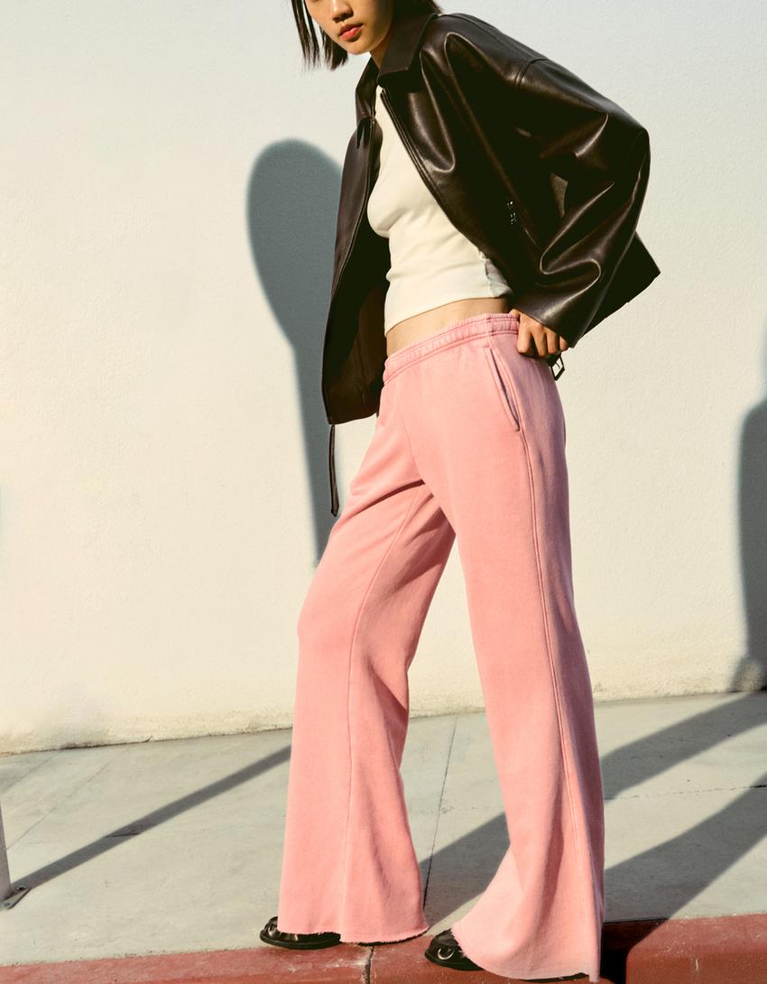 Pantalón flare felpa bajo deshilachado-Rosa