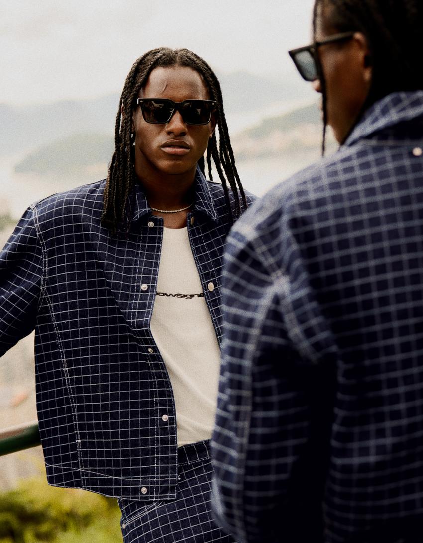 Plaid denim jacket-Blue