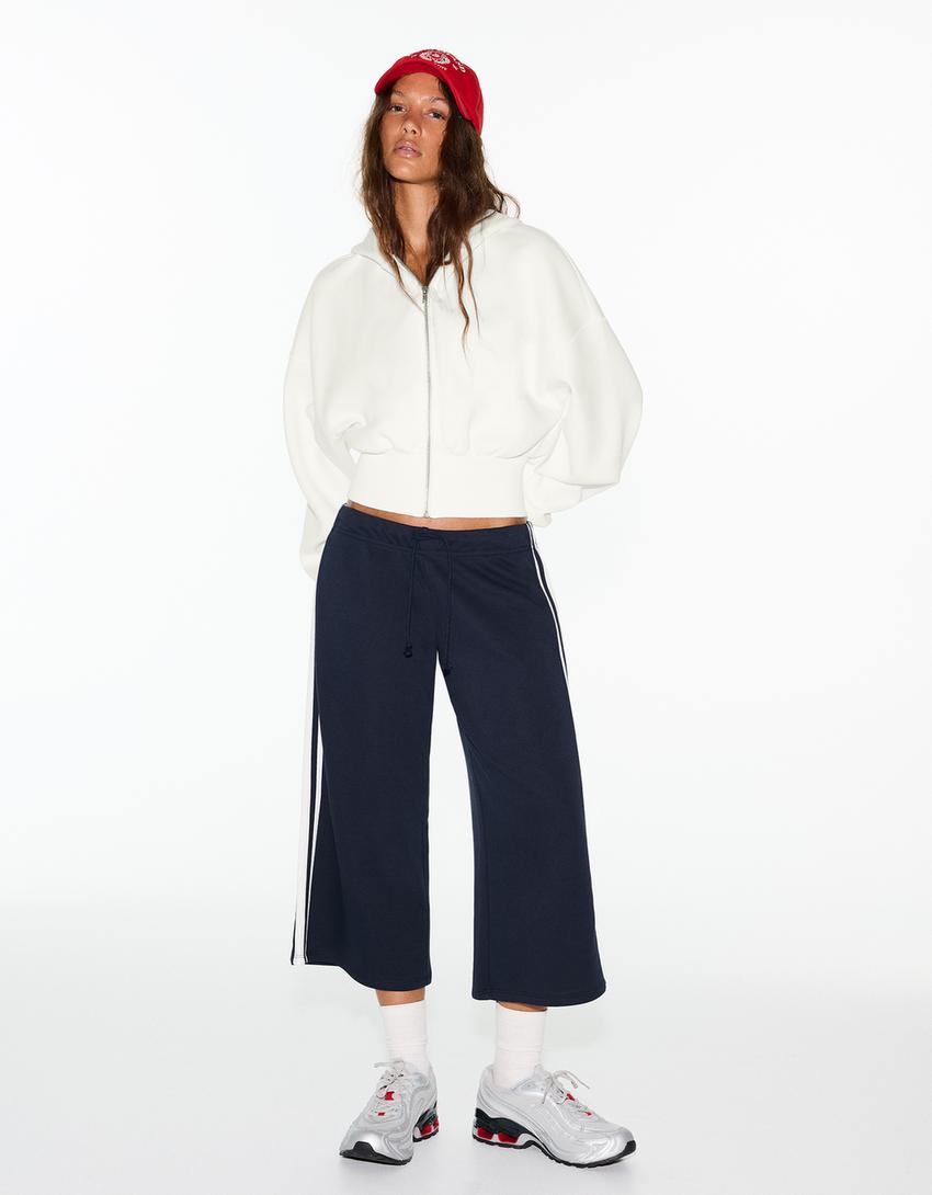 Fermuarlı kapüşonlu sweatshirt-Krem