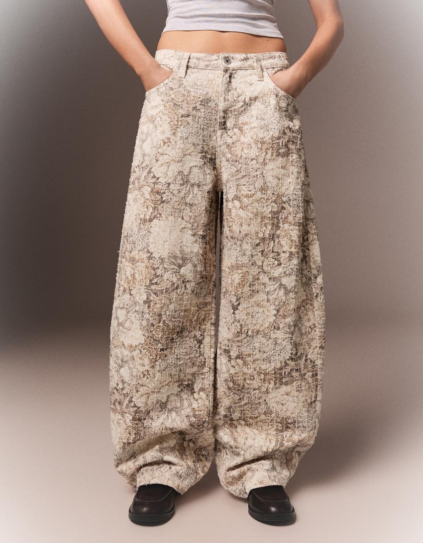 Printed barrel trousers-Sand