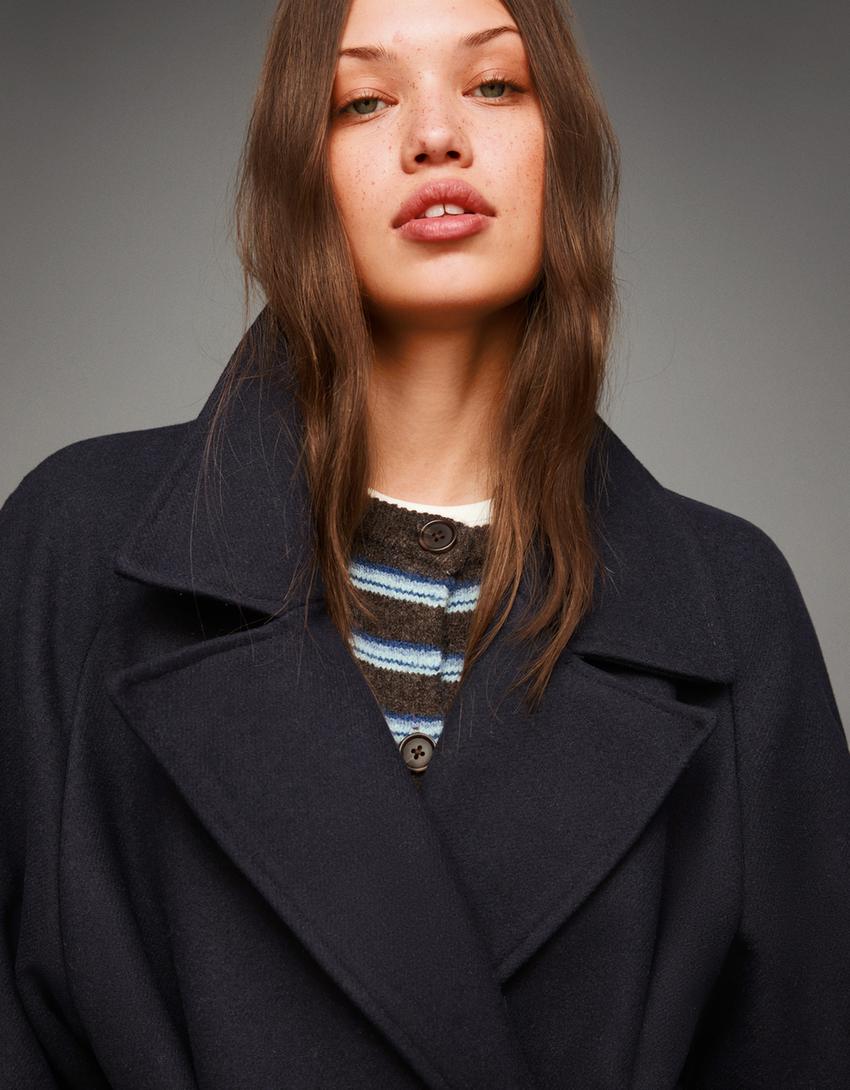 Oversize wool blend coat with belt-Navy