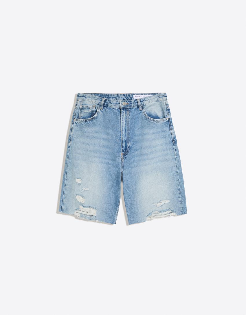 Bermuda denim strappati-Azzurro
