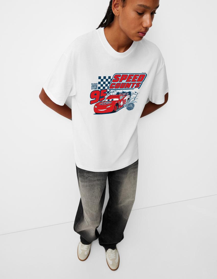 T-shirt met auto's, korte mouw en digitale filter-Wit