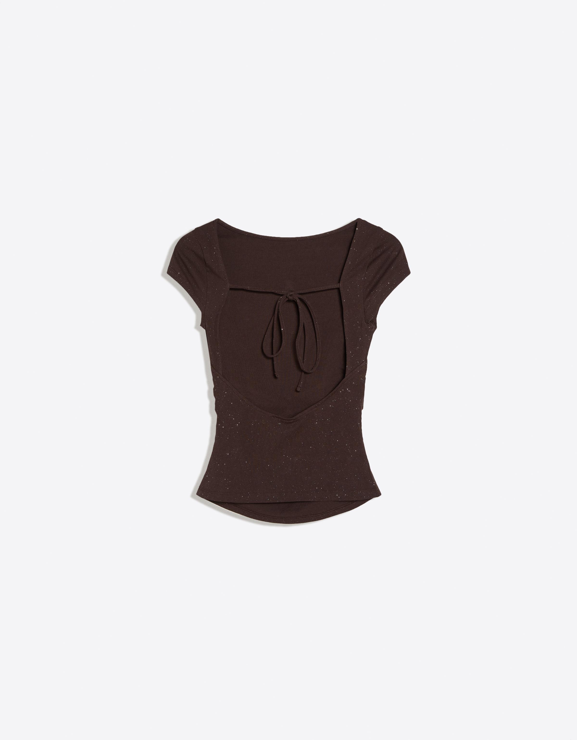 Boat neck T-shirt with knot back — Brown