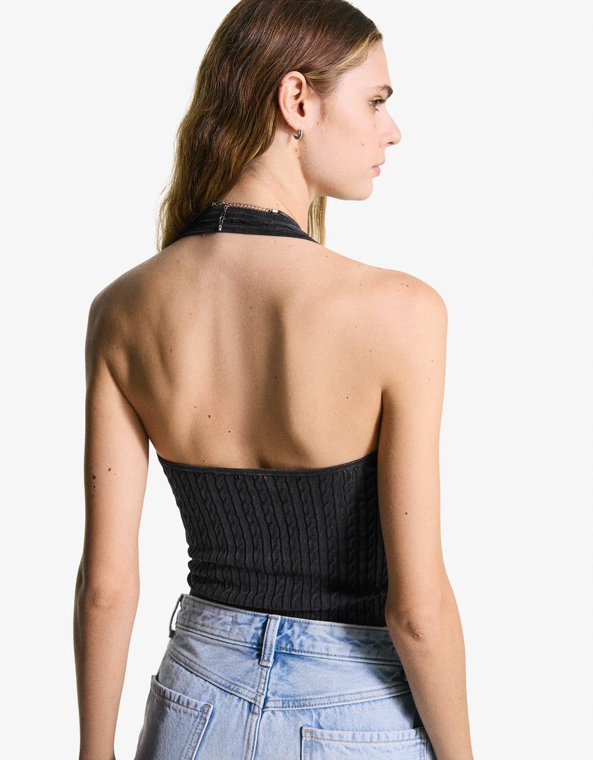 Haltertop met kabelmotief-Zwart-1