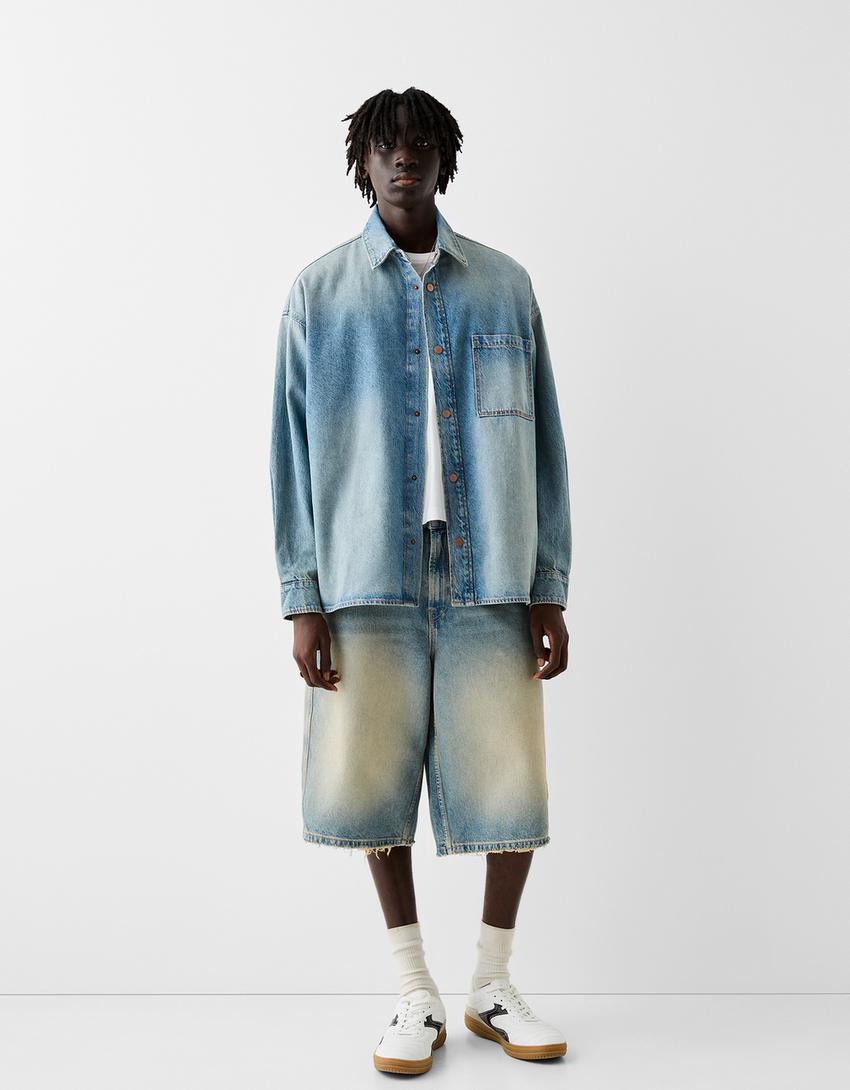 Long sleeve oversize denim shirt-Washed out blue