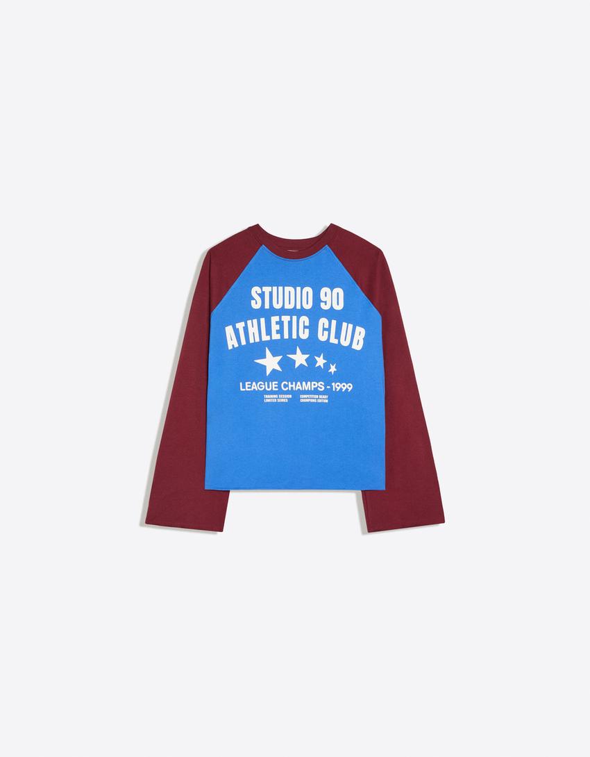 Contrast print long sleeve raglan T-shirt-Blue