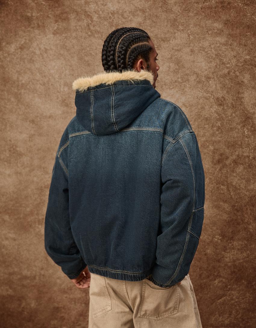 Jeansjacke mit Kunstfellkragen-Marinenblau