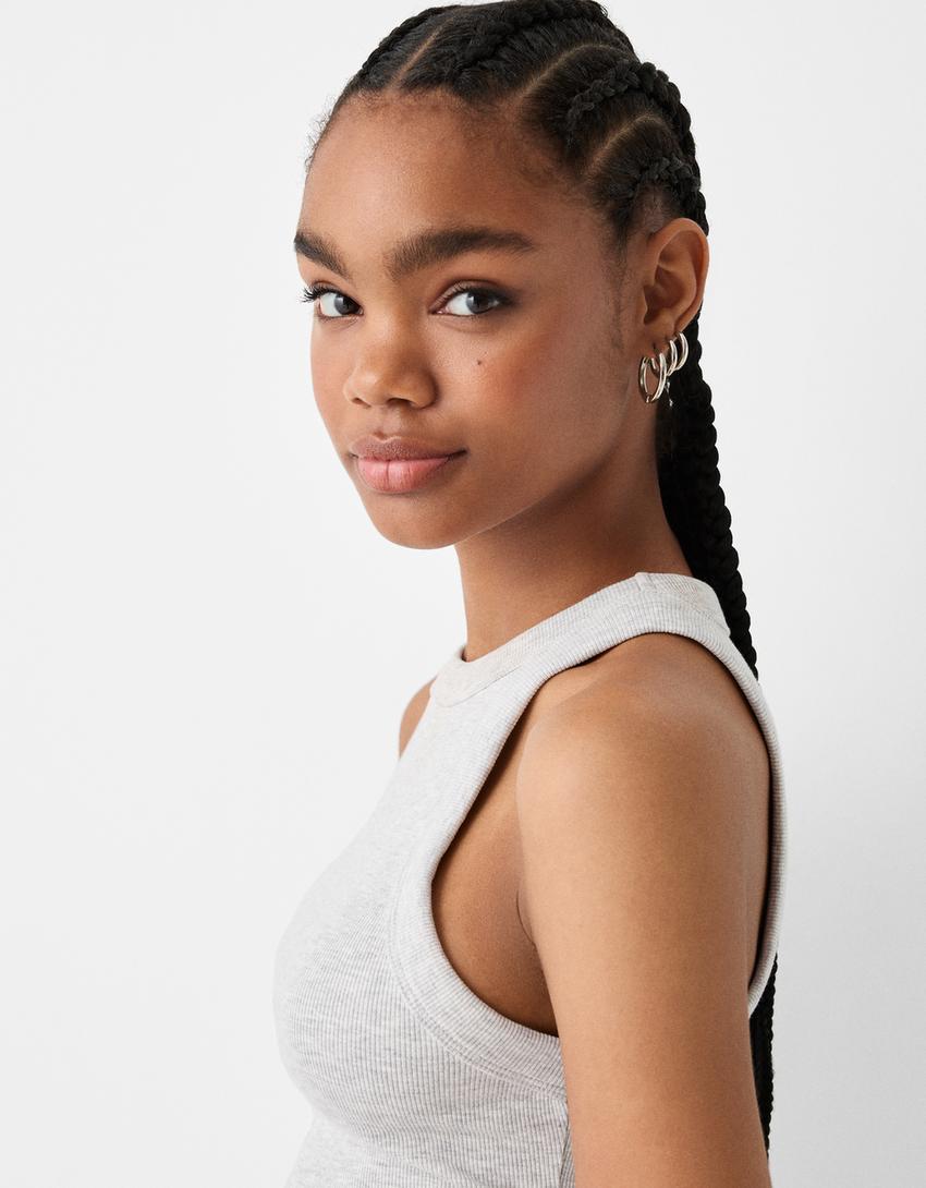 Fitilli kolsuz t-shirt-Gri-3