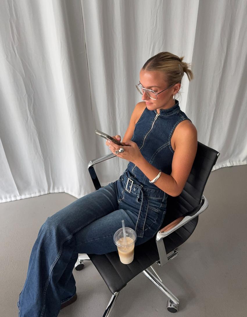 Combinaison en denim flare-Bleu-3