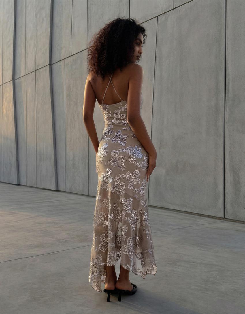 فستان ميدي ملتف بترتر-رمادي