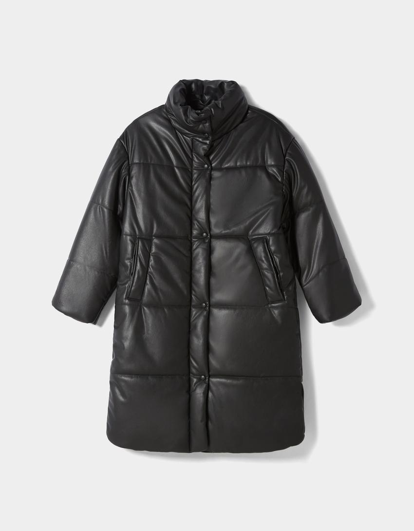 Cappotto lungo imbottito effetto pelle-Nero-4