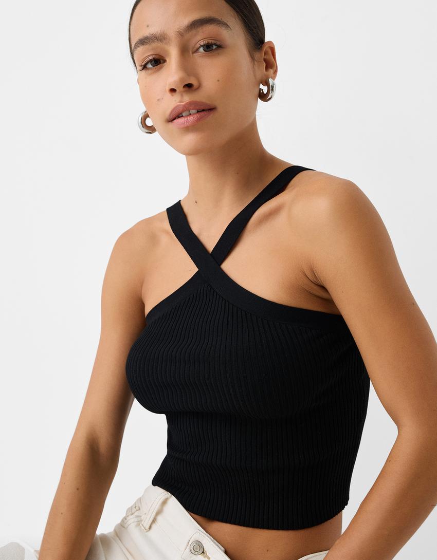 Viscose halterneck top-Black-2