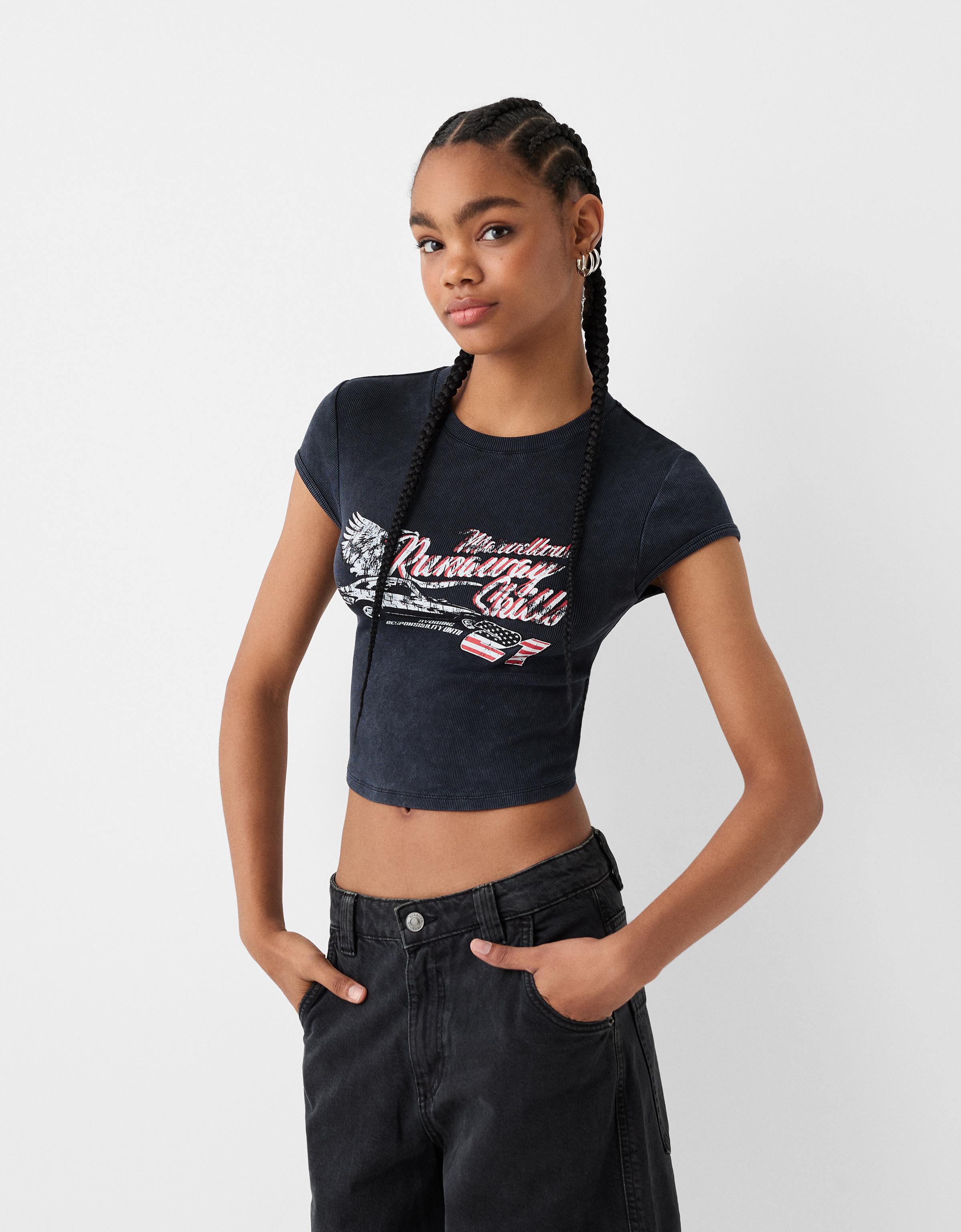 Bershka T-Shirt Print Bänder Rücken Damen L Schwarz