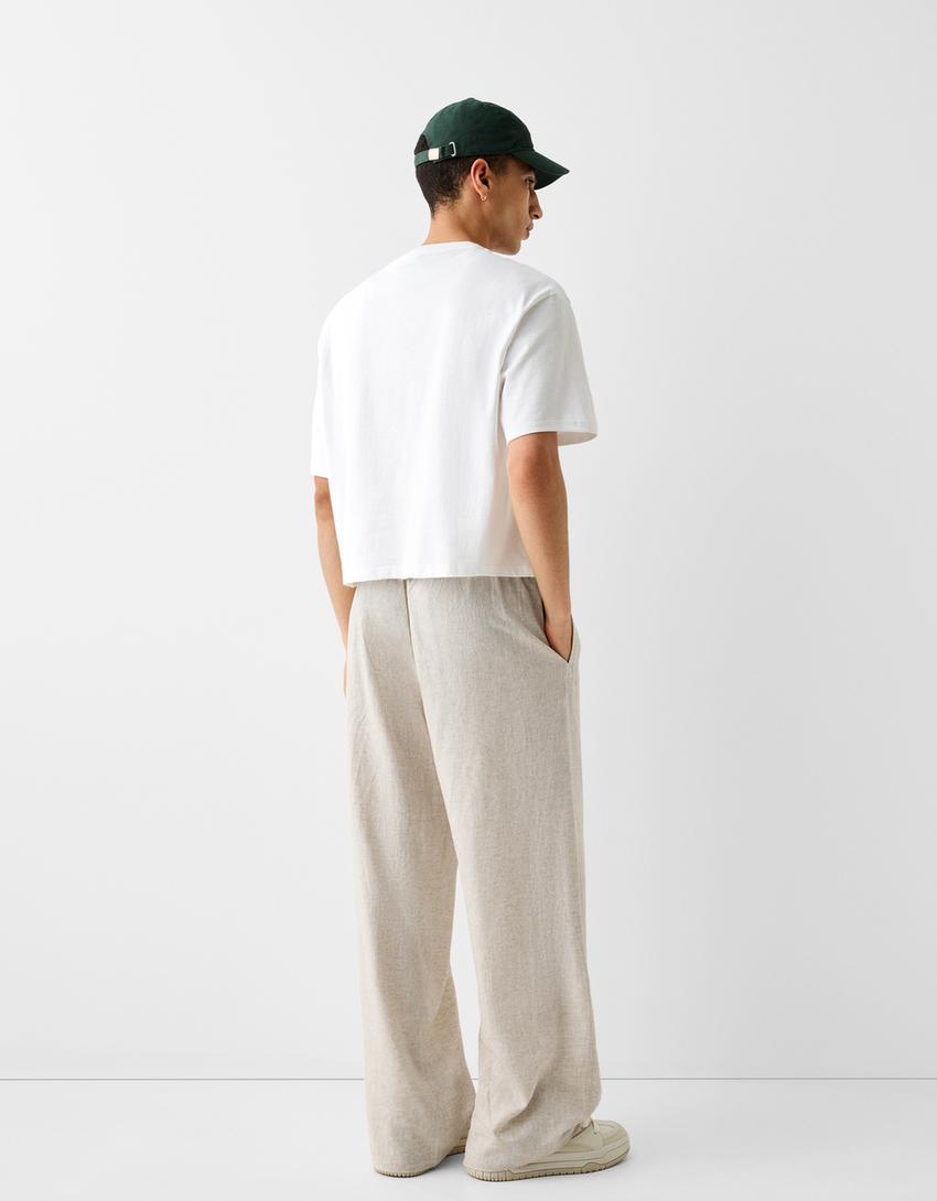 Calças direitas com linho cintura elástica-Cru-4