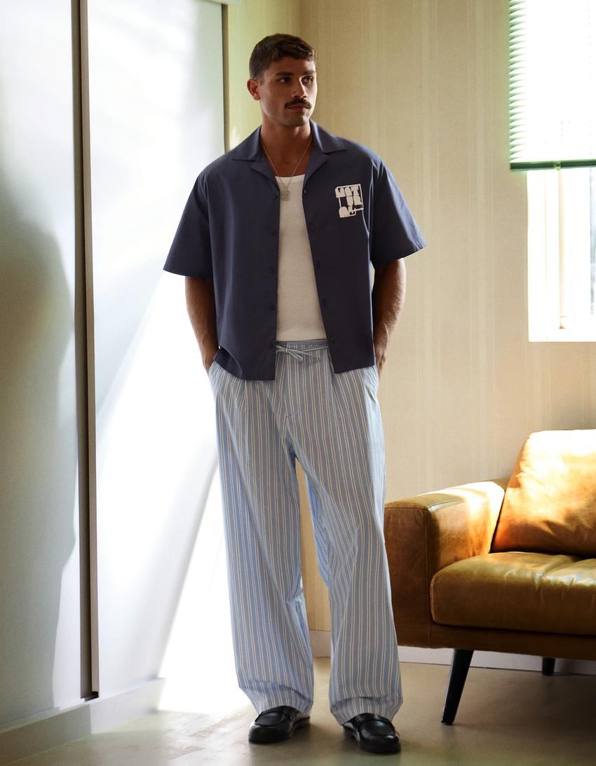 Boxy fit kısa kollu baskılı gömlek-Denizci mavisi