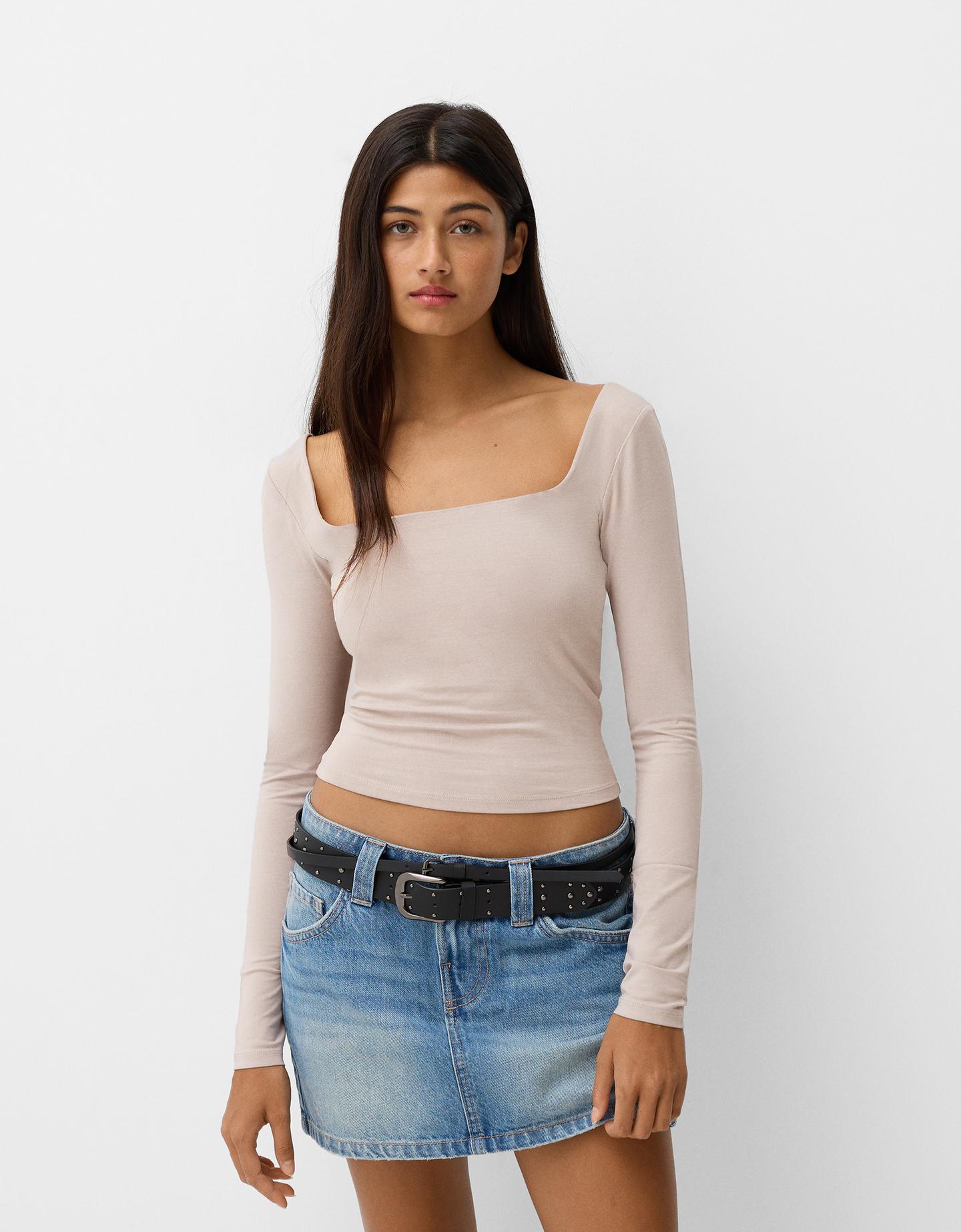 Bershka Shirt Mit Langen Ärmeln Und Kastenausschnitt Damen M Steinfarbe günstig online kaufen