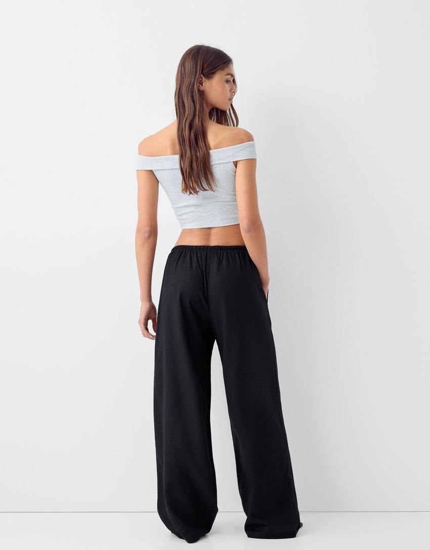 Straight-leg linen blend pants with an elastic waist-Black-2