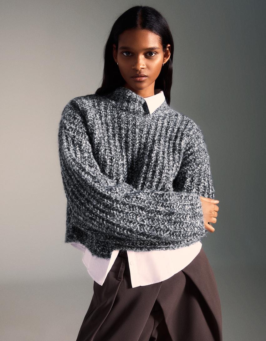 Twisted yarn high neck jumper-Dark grey