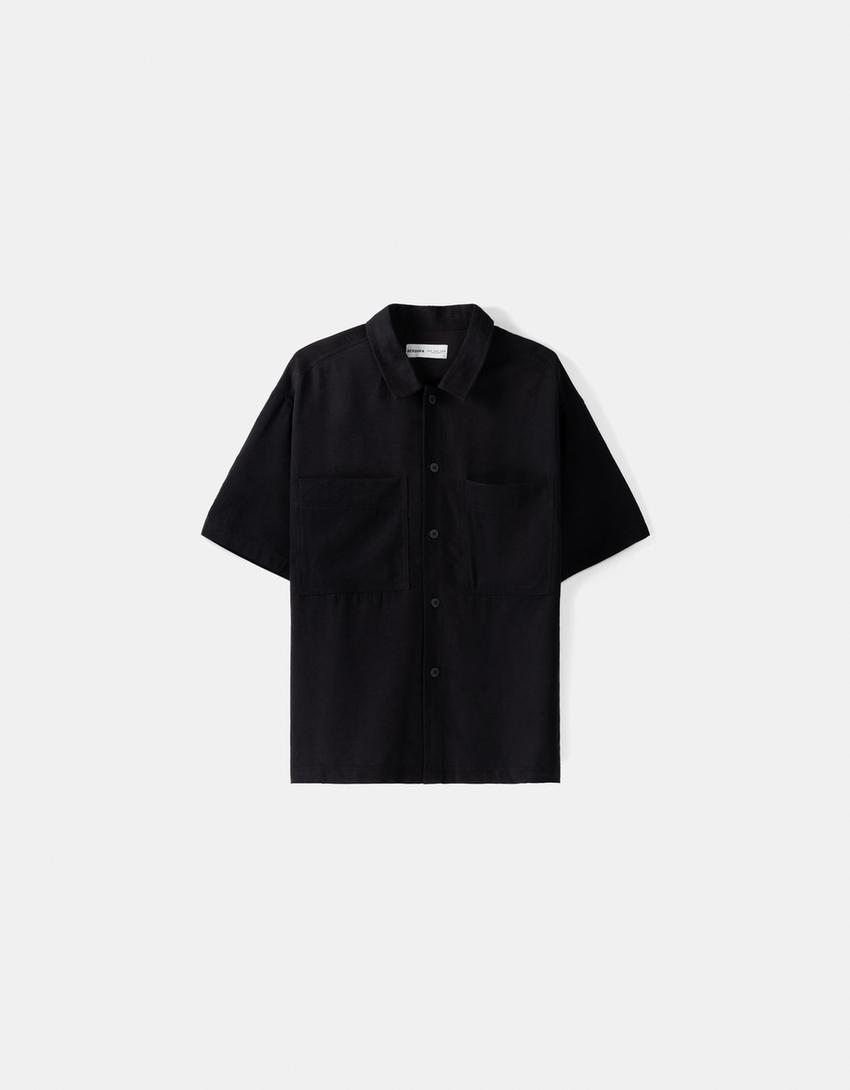 قميص رسمي بقصّة مربعة وأكمام قصيرة-أسود-4