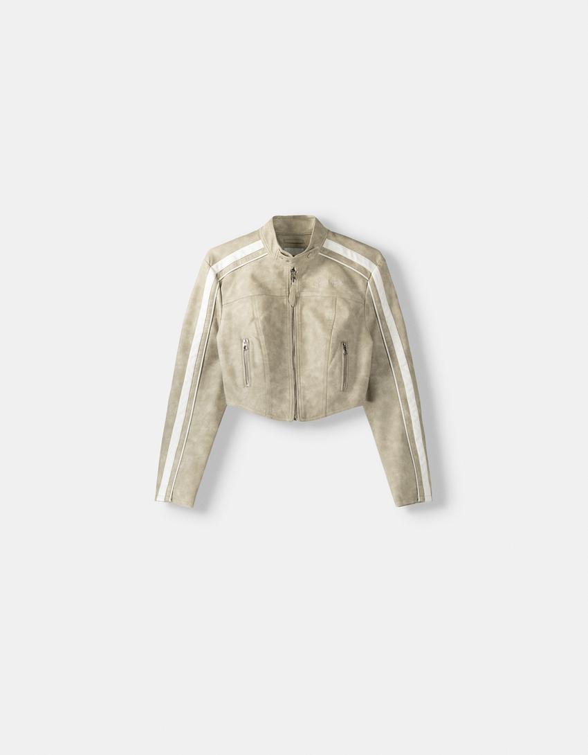 Faux leather jacket with side stripes-Sand