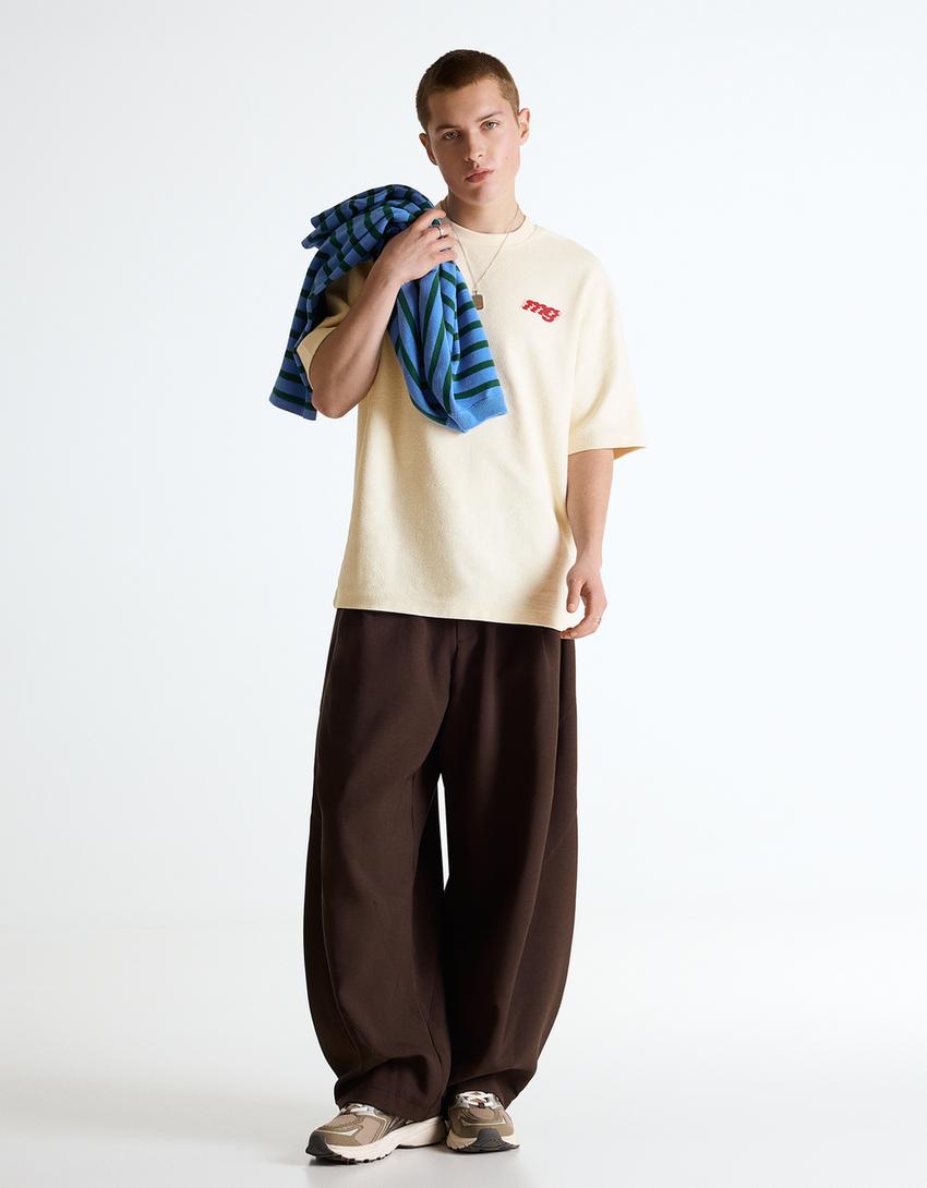 Fleece print T-shirt-Beige