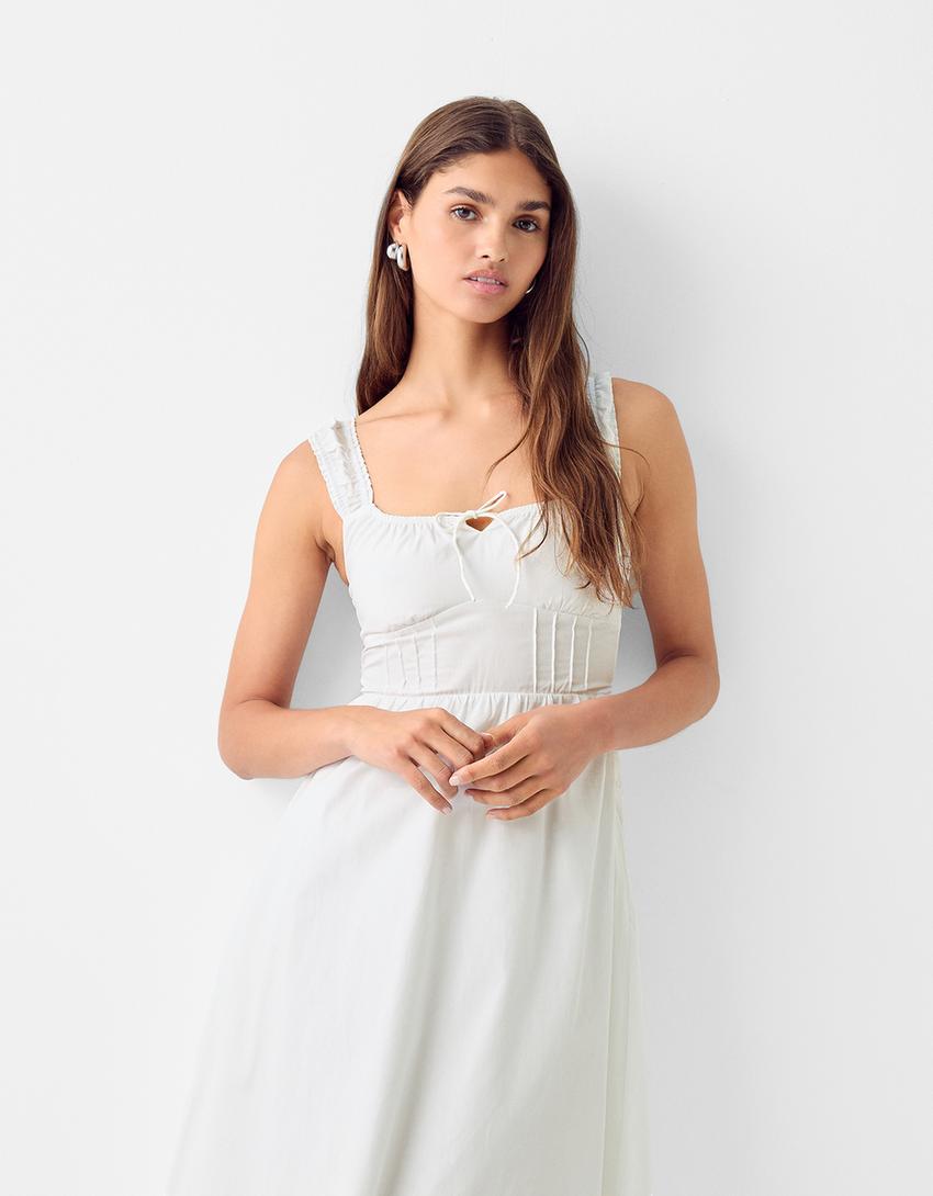 فستان بوبلين رسمي متوسط الطول-أبيض-1