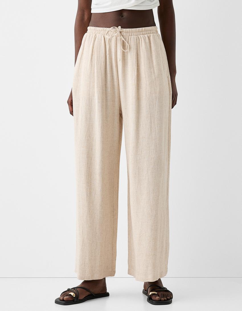 Culottes with linen and an elastic waist-Cream-1