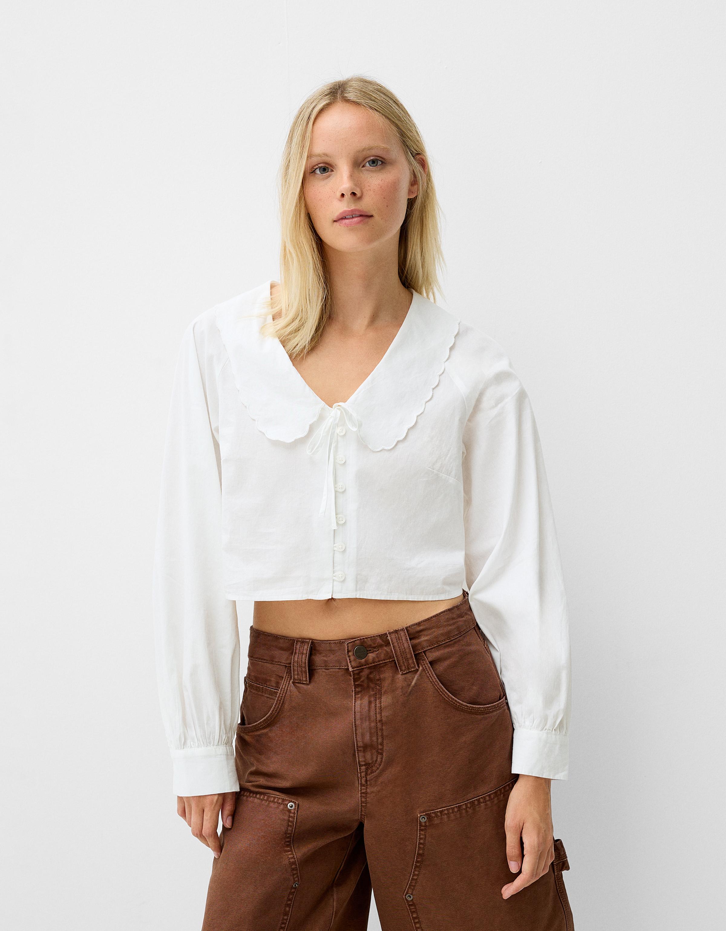 Bershka Hemd Mit Langen Ärmeln Und Bubikragen Damen Xs Weiss