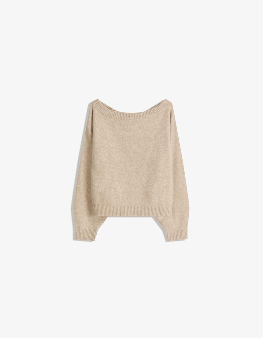 Camisola com nervuras e decote bardot-Areia
