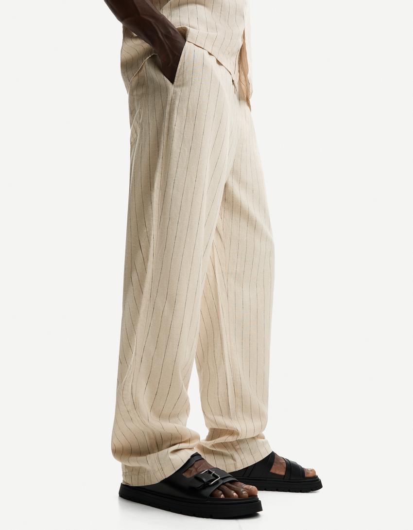 Pantalón wide leg jogger con lino-Beige-2