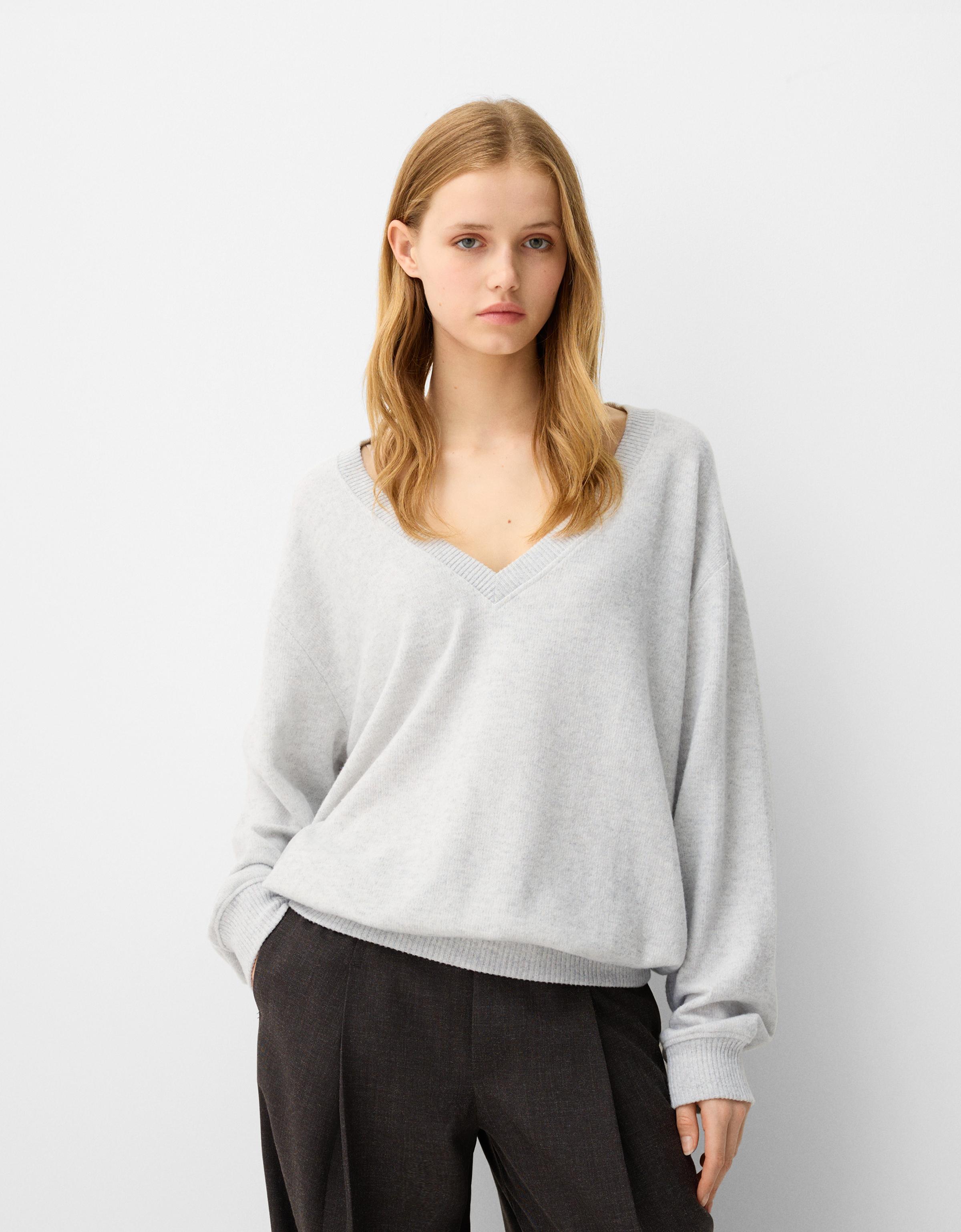 Bershka Soft-Touch-Pullover Im Oversize-Fit Mit V-Ausschnitt Damen Xs Grau