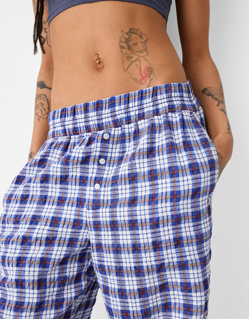 Check wide-leg trousers-Blue-5