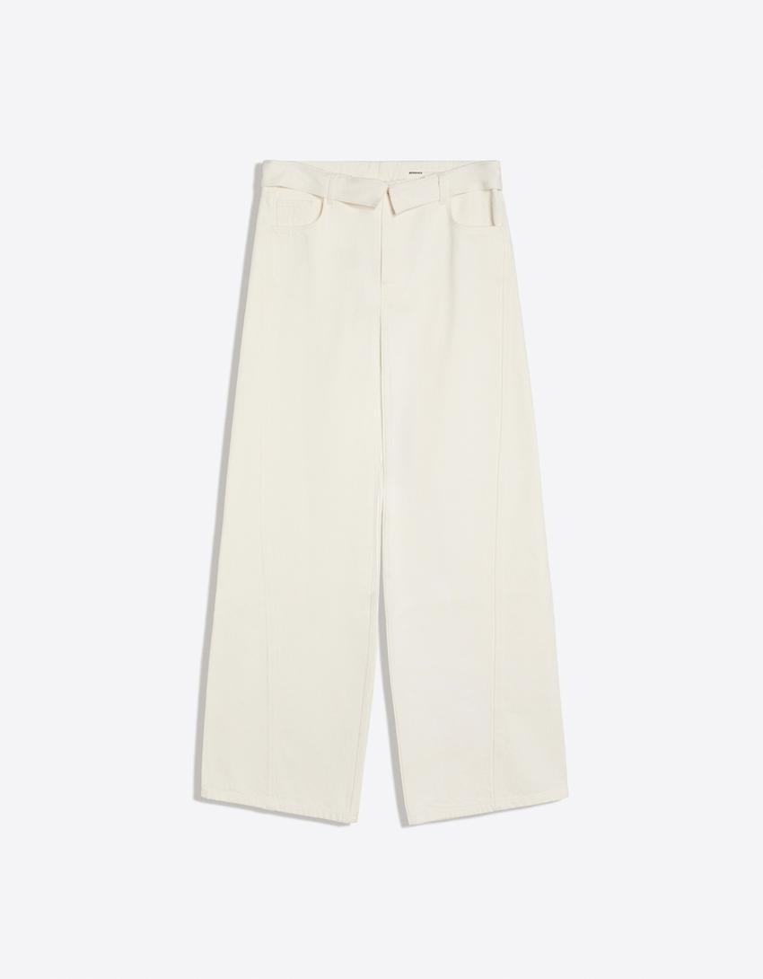 Barrel jeans with folded waist-Cream