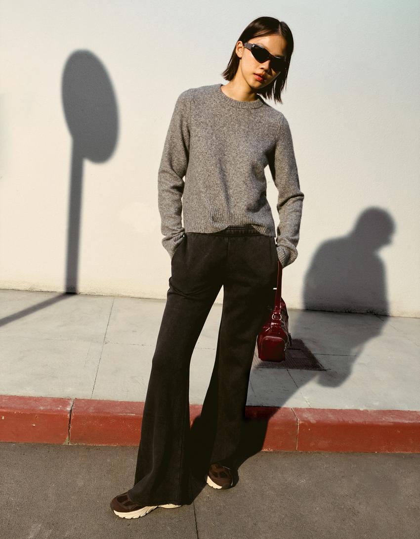 Pantalón flare felpa bajo deshilachado-Gris oscuro